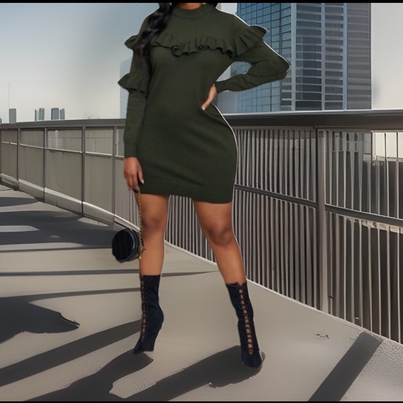 Hunter Green Knitted Lovely Crew Neck Flounce Design Mini Sweater Dress - Picture 3 of 5